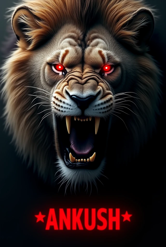 Lion angry face with red eyes and add name Bold with red colour ANKUSH down to lion face background colour is black