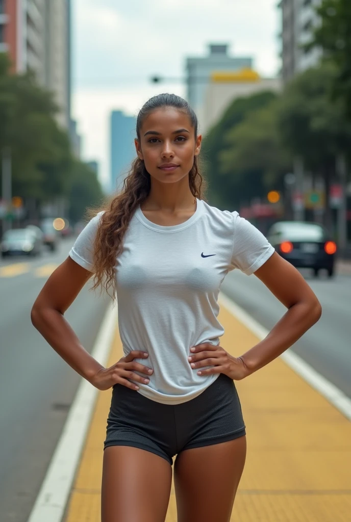 low quality, 1 2 muscular brown camel girl with a young face, taking a picture with a Nike t-shirt and shorts on the bike path that runs down the middle of Avenida Paulista in São Paulo, without bike