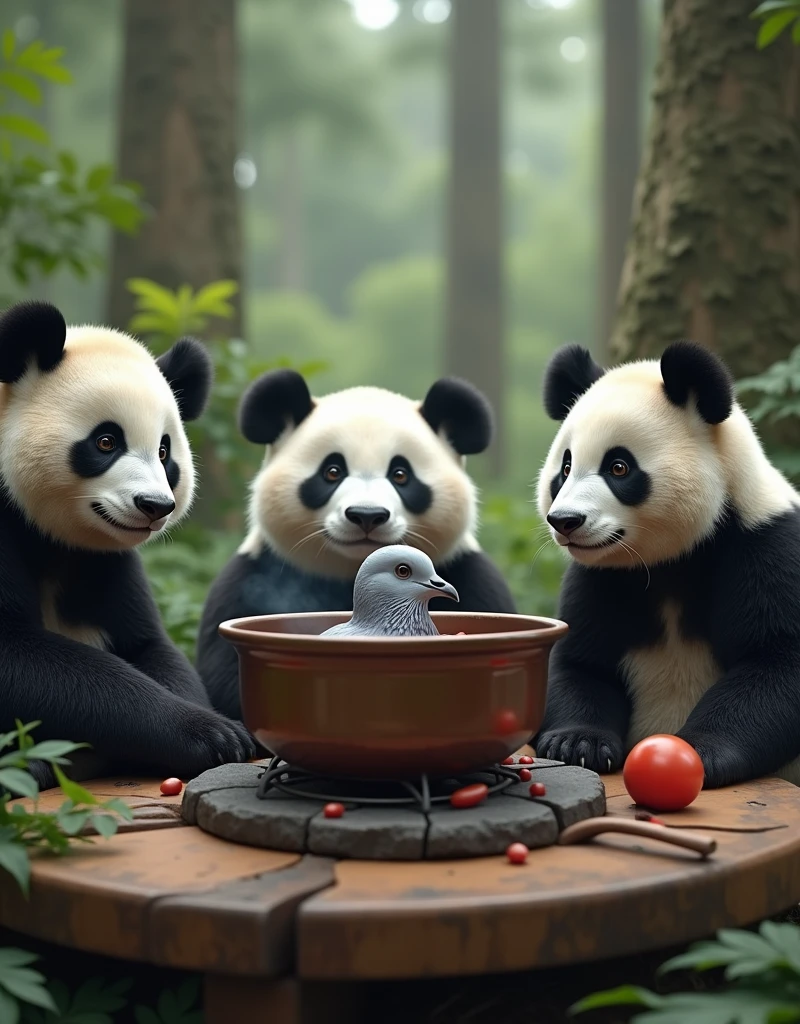 (masterpiece, best quality, ultra detailed, photorealistic, hyperrealistic photo:1.2), A group of pandas gather around to watch a grey pigeon being cooked in a stockpot on the stove., forest, (A grey pigeon&#39;s head emerges from a stockpot), 