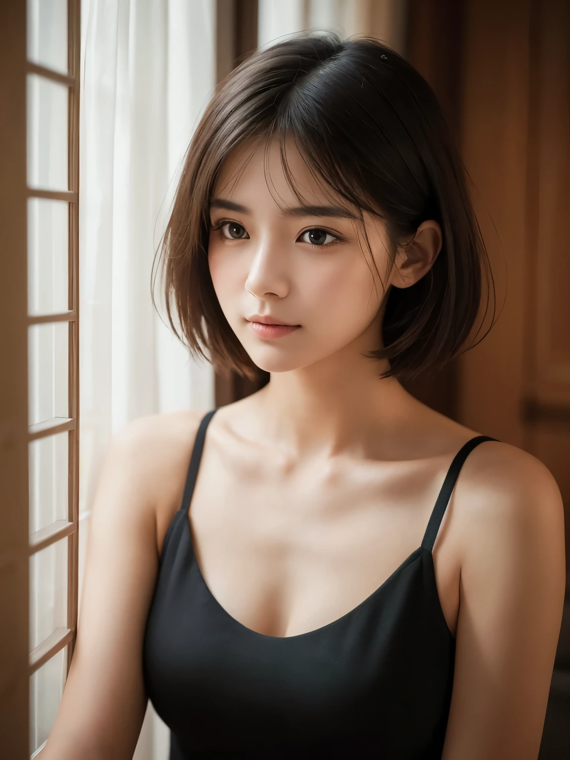 A highly detailed, realistic portrait of a young woman with short, tousled hair that falls softly around her face. Her features are delicate and symmetrical, with large, expressive eyes that are slightly downcast, creating a soft and contemplative expression. She is wearing a black, sleeveless halter top with a plunging neckline that contrasts against her fair skin, revealing her shoulders and collarbones. The lighting is soft and diffused, coming from a window in the background, casting gentle shadows and creating a warm, intimate atmosphere. The setting suggests a relaxed, indoor environment, with the focus entirely on the woman. The background is blurred, enhancing the subject’s presence and drawing attention to her subtle expressions and the fine details of her appearance. The overall mood of the image is serene and intimate, with an emphasis on natural beauty and quiet elegance.