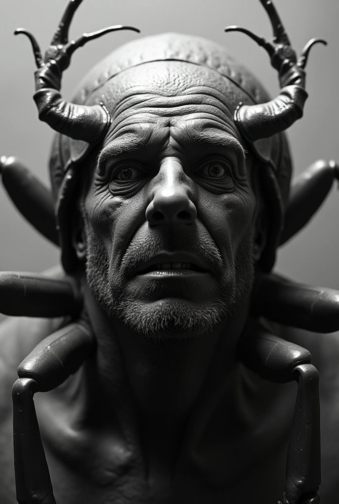 Horror image as a very well detailed photograph with good black and white contrasts of a man's face on the back of a beetle