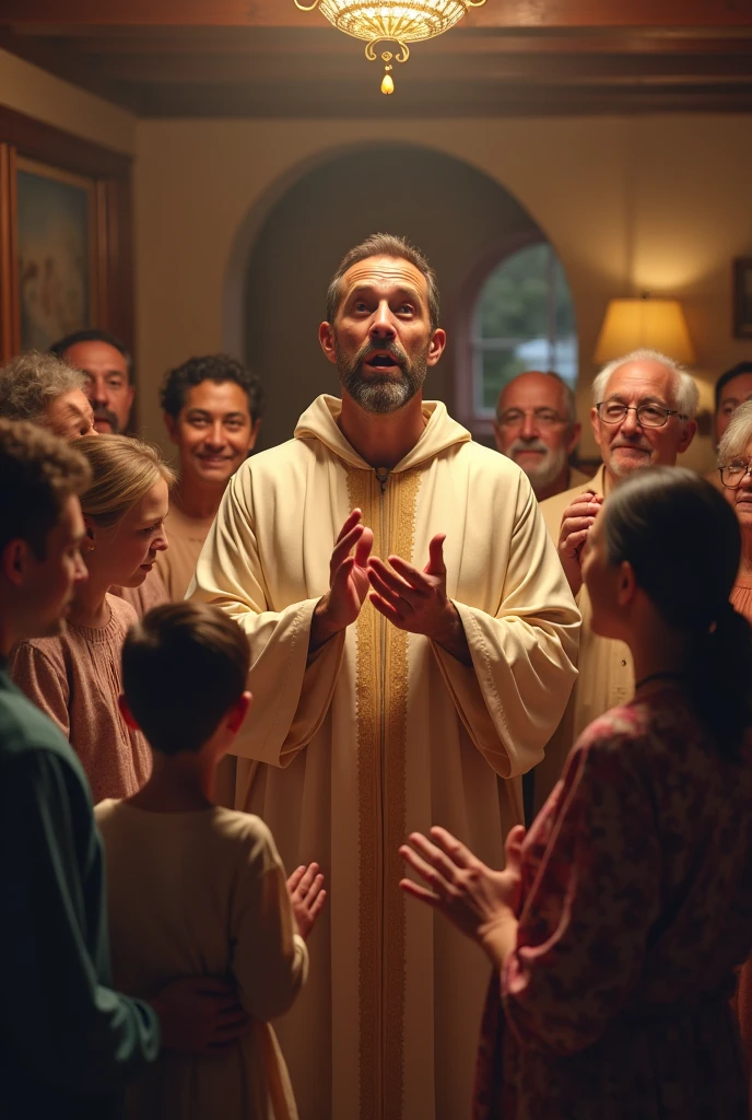 Big Family praying with pastor clapping hands in house
