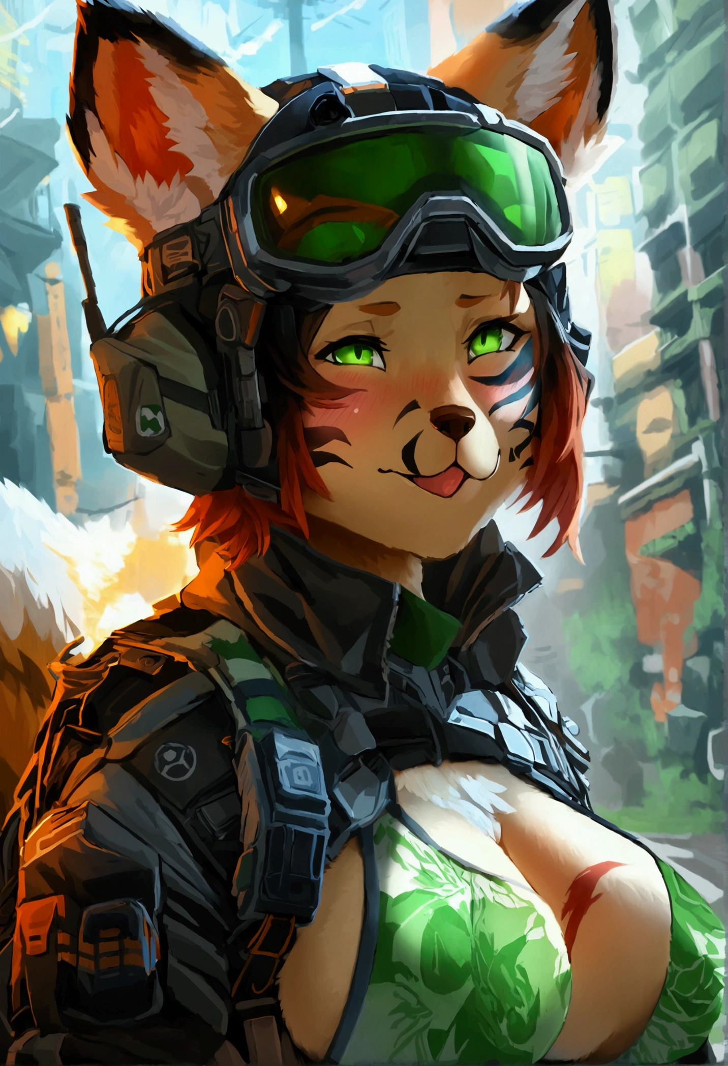 top quality, best quality, by whitexterior, High-quality illustrations, masterpiece, uploaded on e621)(kemono, furry, anthro, alone), The Division, round, 1 female, hot mother figure, very detailed body face and eyes, fox, fur, fluffy, big breasts, tail, perfect eyes, green eyes, tribe tattoo, Agent clothes, Agent equipment, panties, The Division Manhattan, body movement, body twitching, hyper pregnant, shy smile, red blushing, very big belly, huge belly, massive stomach,