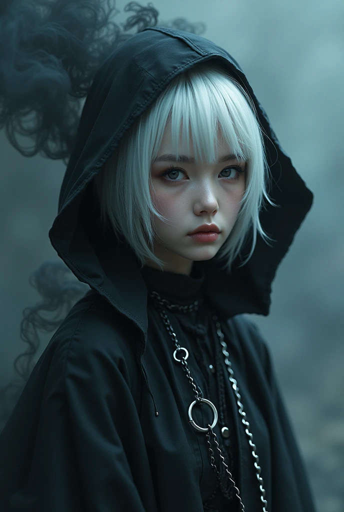take a picture of a woman in anime goth style with chains white hair ghost oversize clothes hood cool pretty cold look black smoke dark 4k render