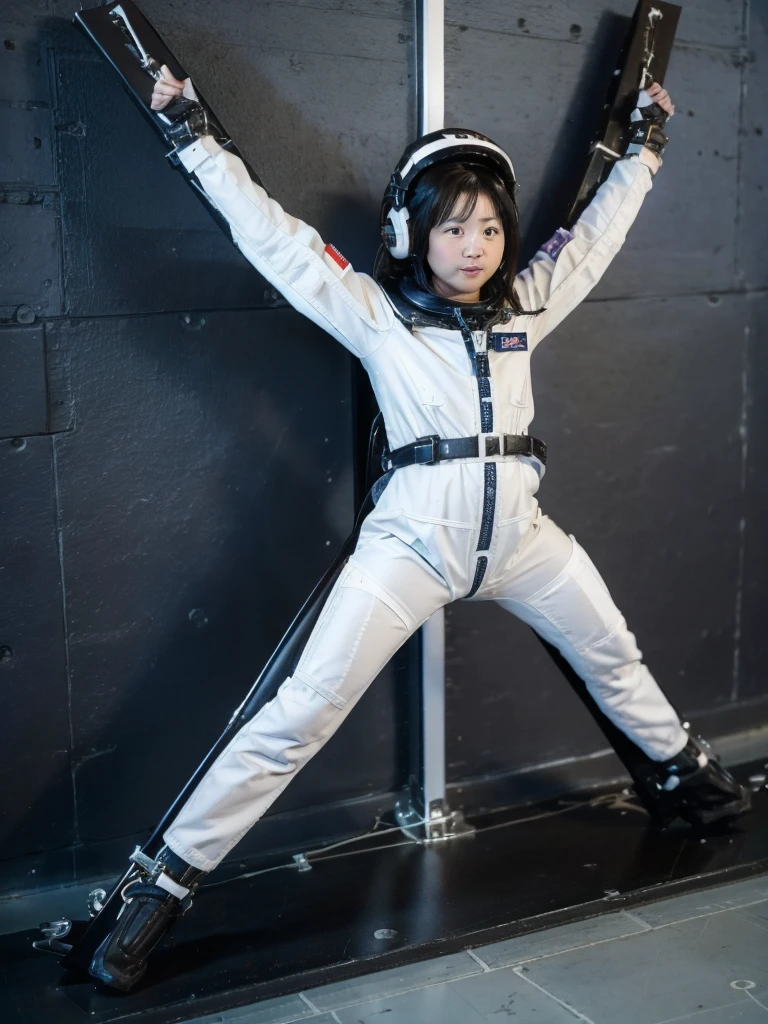 Japanese female astronaut,Black Hair,Spaceship,It is completely secured to the wall with sturdy straps,Wearing a helmet,Plump,Slightly thicker,Squat,