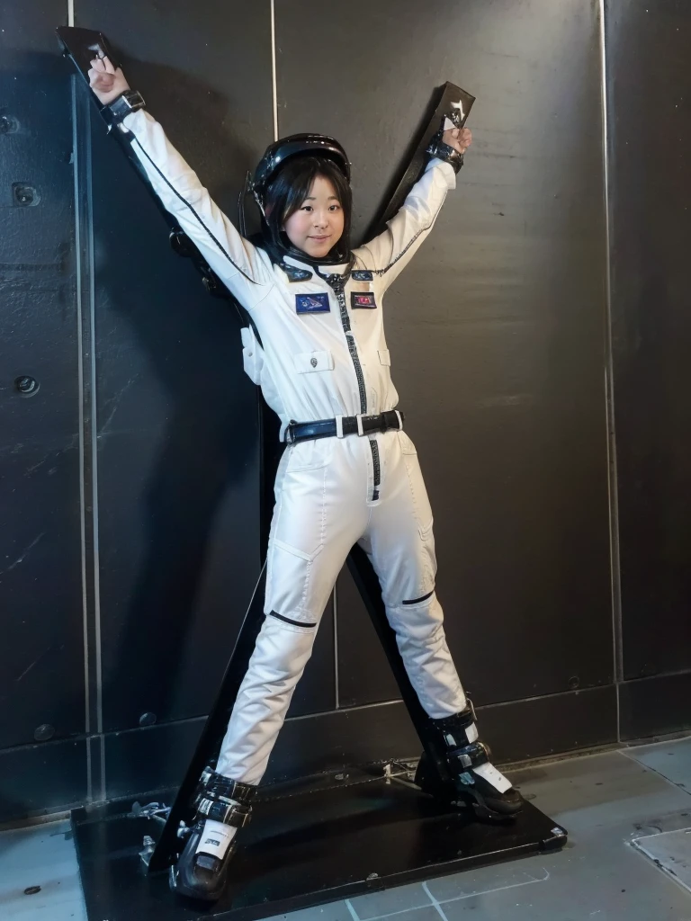 Japanese female astronaut,Black Hair,Spaceship,It is completely secured to the wall with sturdy straps,Wearing a helmet,Plump,Slightly thicker,Squat,