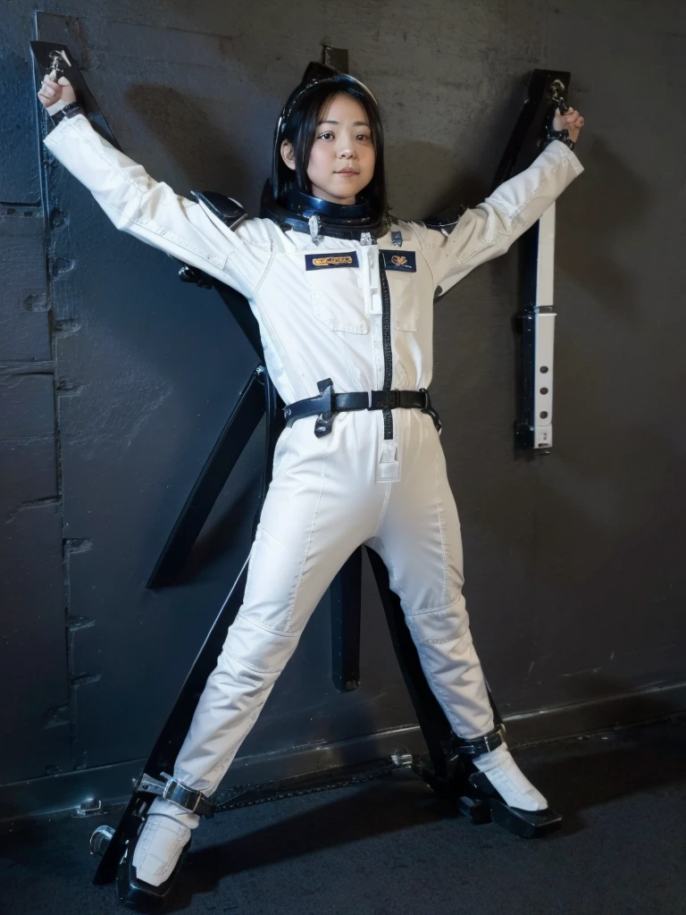 Japanese female astronaut,Black Hair,Spaceship,It is completely secured to the wall with sturdy straps,Wearing a helmet,Plump,Slightly thicker,Squat,