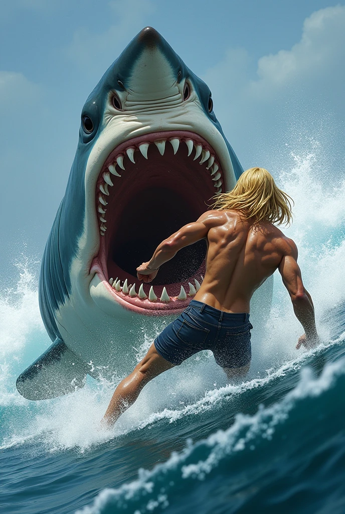 shark attacks shirtless, long-haired, blond surfer in open ocean