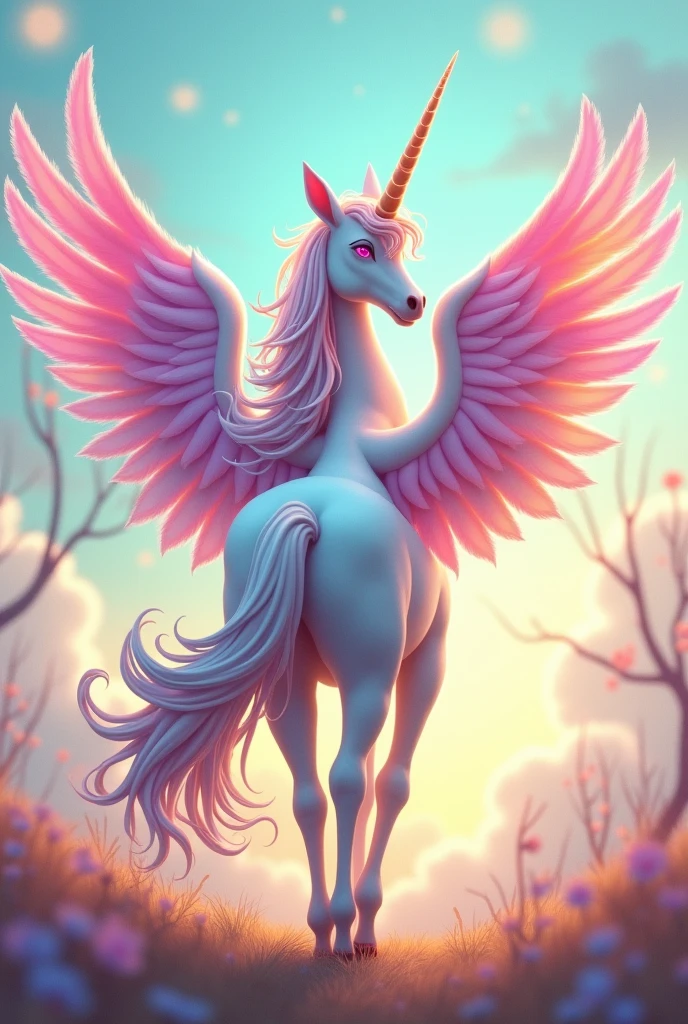 Female unicorn walking on two legs, spreading its wings, back view, unicorn with colorful wings pink eyes