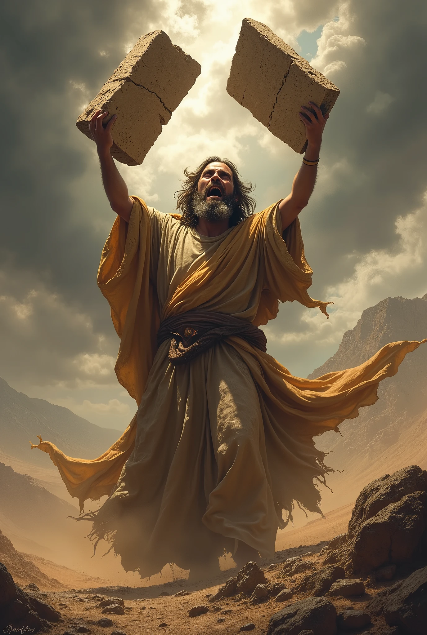 An intense scene on a desolate mountaintop, with Moses furious and agitated. He is in the act of breaking the tablets of the Ten Commandments, raising them above his head before slamming them down. The boards are in mid-air, about to break into pieces, with cracks already visible. Moses has an expression of anger and disappointment, with his ancient clothes fluttering in the wind. In the background, the sky is full of dark and threatening clouds, while the arid landscape around reinforces the