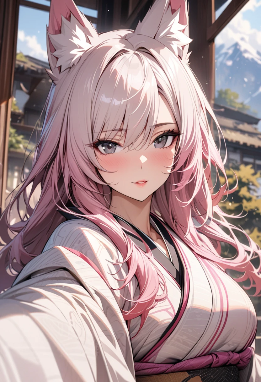 girl, woman, mature, black eyes, white hair, pink hair, long hair, beautiful eyes, beautiful color, beautiful background, high detail, kimono, fox ears, super detail, masterpiece