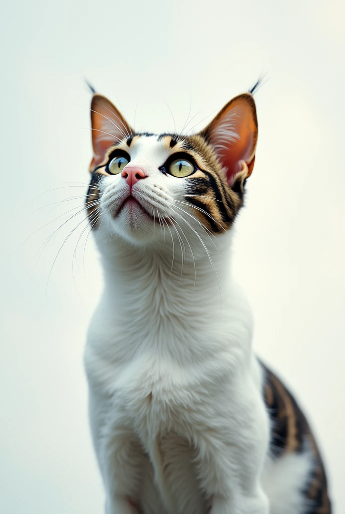 a white-bodied cat with a tabby forehead, ears and back, with greenish-brown eyes and a line around them, looking up at the sky 