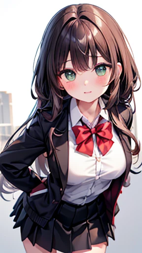 ((Tabletop, Highest quality, High resolution, Hmph, Pixel perfect, Depth of written boundary, 4K, Hmph, Hmph))), One Girl, single, alone, Beautiful Anime Girls, Beautiful art style, Anime characters, ((Long Hair, bangs, Dark brown hair, Curly Hair:0.8)), ((Green Eyes:1.4, Detailed eyes, Beautiful Eyes, Perfect Eyes,Curled eyelashes, Realistic eyes)), ((Detailed face, blush:1.2)), ((Smooth texture:0.75, Realistic texture:0.5, Anime CG style)), Medium chest, Dynamic Angle, Big Breasts, Perfect body, Dynamic pose, ((Red bow tie, school uniform, Black jacket, Open jacket, Brown cardigan, White shirt, Black Skirt, Checked skirt)), smile, Open your mouth, Put your arms behind your back, Leaning forward, Amalment Park, ((close, throw, cute, Shoot in the face))