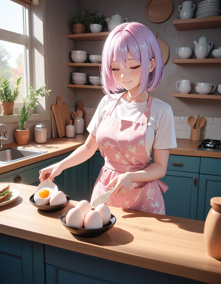 glowing particles, ambient lights, cute, pastel art, full body detailed, 4K, hdr, high details, perfect lighting, perfect anatomy, BREAK (shiny silver hair, bob cut, bang between eyes, beautiful hair), (glossy silver eyes:1.5), (beautiful eyes, twinkle eyes, large eyes, close eyes), (athlete body,large breasts), cute face, beautiful face, pretty face, beautiful, best quality, good anatomy,long eyelashes, expressive eyes, Perfect Hands, perfecteyes, BREAK pink botanical print apron, white shirt, short sleeves, morning, kitchen, happy, smile, making egg sarad, for sandwich,