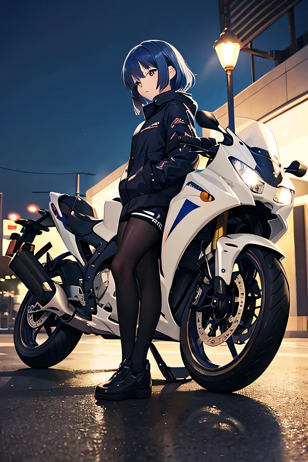 Yamada ryo, standing beside honda cbr, park background at night, detailed features, soft colours