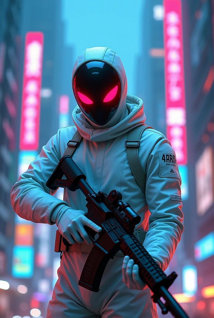 Nobita with white costume red glowing eyes, using m416 in cyberpunk neon city with blue and pink light