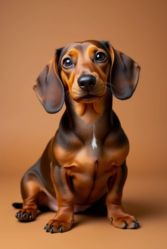 a cute fat brown dachshund dog sitting facing front isolated on a brown background