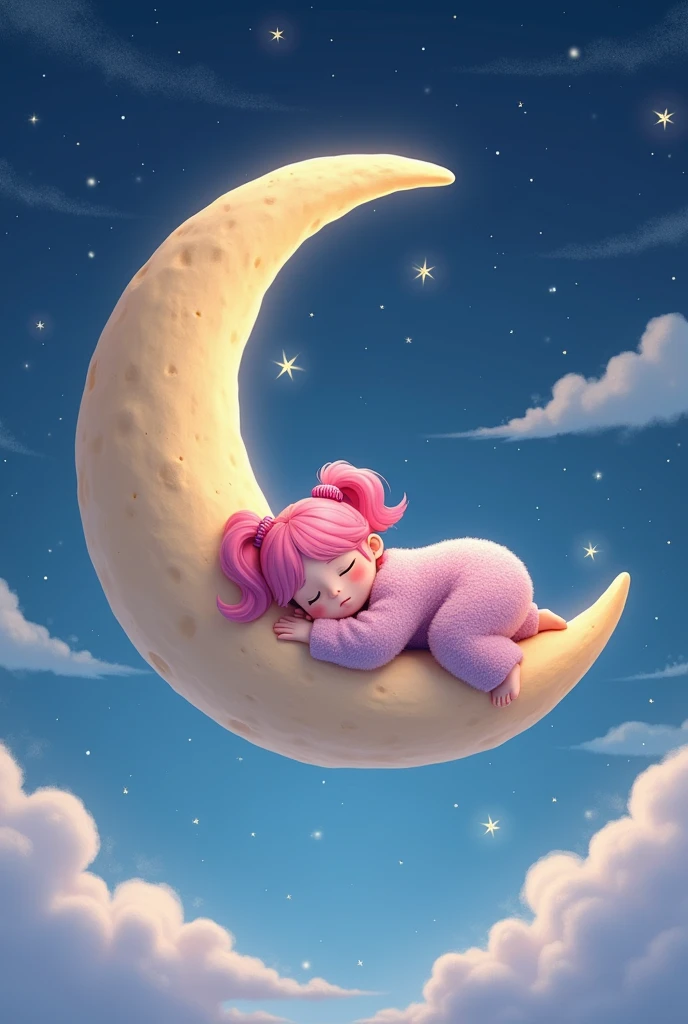 The same pink-haired girl cartoon poses sleeping on a 3D crescent moon.