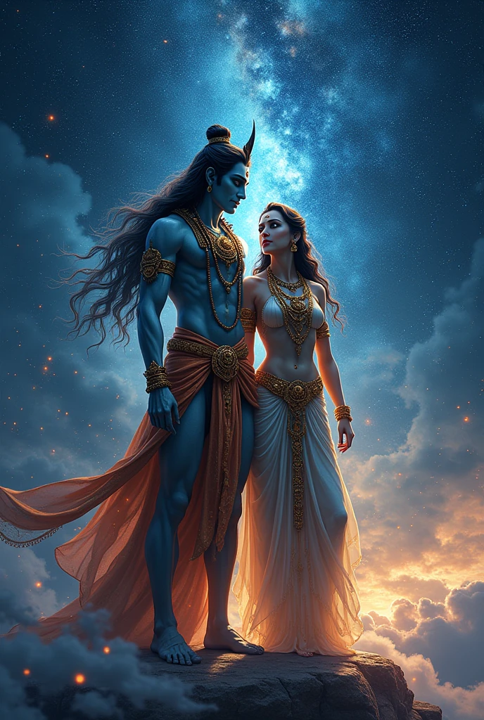 Lord Shiva and shakti with a full of start sky in night'