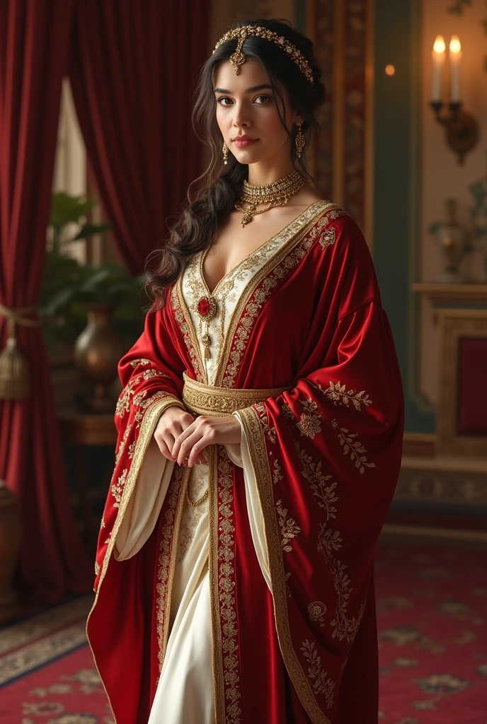 Femme du harem ottoman habillé avec un kaftan luxueux en satin avec des broderies complexes brodés de fil d'or avec un manteaux en velours luxueux en soie avec une ceinture d'or autour de la taille elle a aussi des voucles d'oreilles discrètes et une broche rouge sur leur kaftan elle porte également une coiffe ornées de petits bijoux elle porte aussi des babouches