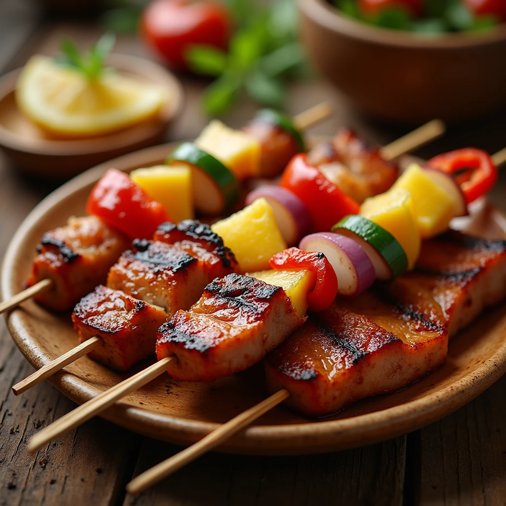 Create a picture of barbecue grilled pork skewers that are cooked well. The pork is beautifully colored and has clear grill marks. It has a little greasy lard to add shine. Each stick consists of sliced pork, sliced bell peppers, sliced onions, and sliced pineapple skewered alternately in a beautiful and orderly manner. Serve on a wooden plate that looks warm and natural.