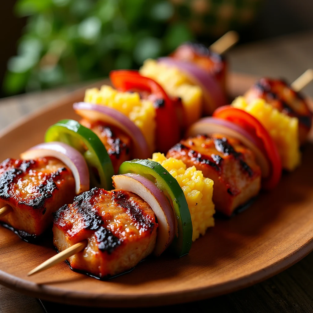 Create a picture of barbecue grilled pork skewers that are cooked well. The pork is beautifully colored and has clear grill marks. It has a little greasy lard to add shine. Each stick consists of sliced pork, sliced bell peppers, sliced onions, and sliced pineapple skewered alternately in a beautiful and orderly manner. Serve on a wooden plate that looks warm and natural.