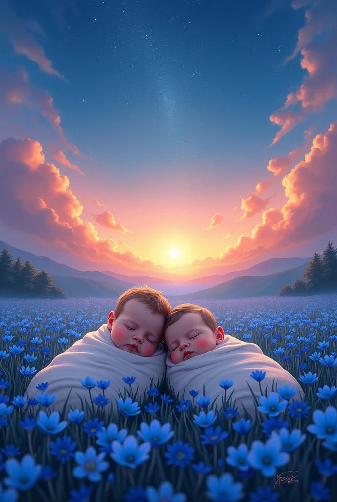Creating a bright sky, dawn, Beautiful Morning, 本当のSunset、、Twin babies、Sunset、Starry Sky、Surrounded by blue flowers、