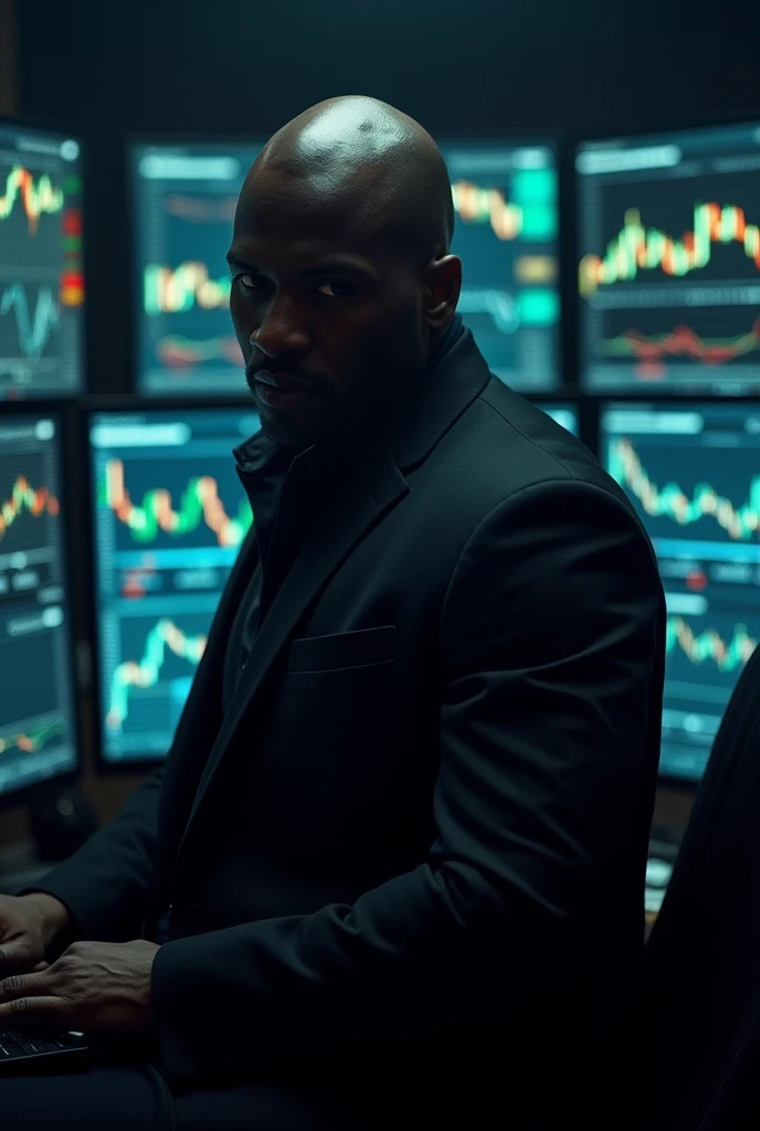 mAKE A HUMAN BEING, his name is fxhitman, a forex trader known for his market sniping abilities, black nigerian guy btw, dark enviroment surrounded with forex charts on screens, make it look like a movie poster, his face shouldnn't show it should be covered in shadow, he has bald head, amd looks like a hitman