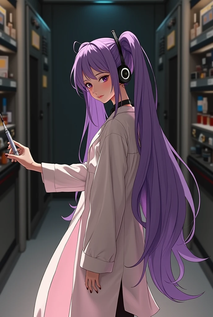Korean purple hair butterfly woman with headphone scientist outfit with syringe full body perfect body and perfect face of pigtails long hair realistic photo in laboratory