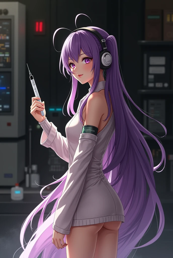 Korean purple hair butterfly woman with headphone scientist outfit with syringe full body perfect body and perfect face of pigtails long hair realistic photo in laboratory