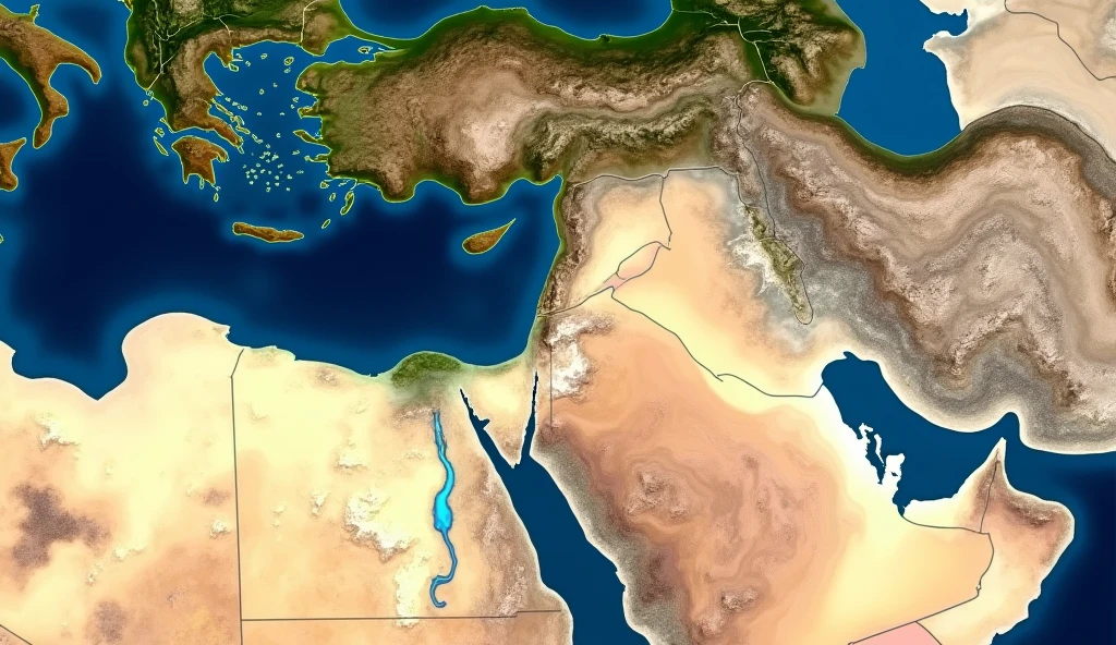 satellite map of the middle east where the mediterranean sea appears, all territory of Israel, including the Dead Sea, Jordan River and the Sea of Galilee, all of Northern Syria and Southeastern Turkey.