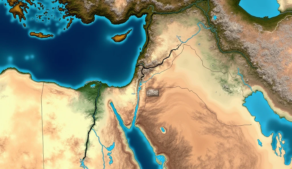satellite map of the middle east where the mediterranean sea appears, all territory of Israel, including the Dead Sea, Jordan River and the Sea of Galilee, all of Northern Syria and Southeastern Turkey.