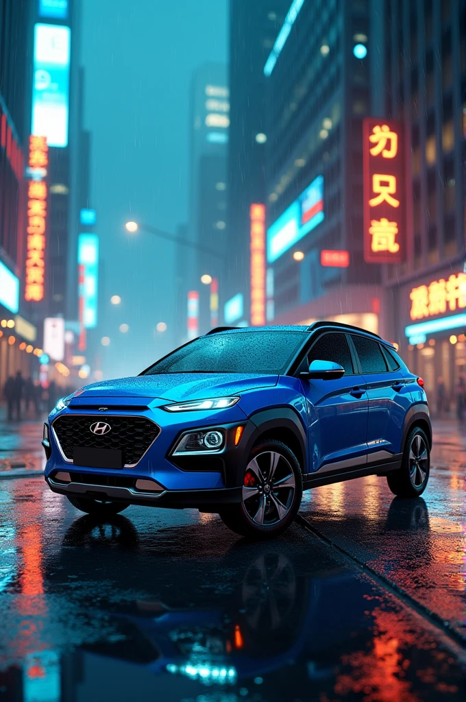 Blue hyuday creta in cyberpunk neon city with teal and orange neon lights with rain