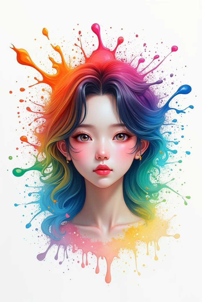 (work of art, best qualityer, high resolution), white background, ((paint splash, splash of color, paint splash, splash of color)), Chinese sweet, rainbow hair, pink lips, 正面, trunk