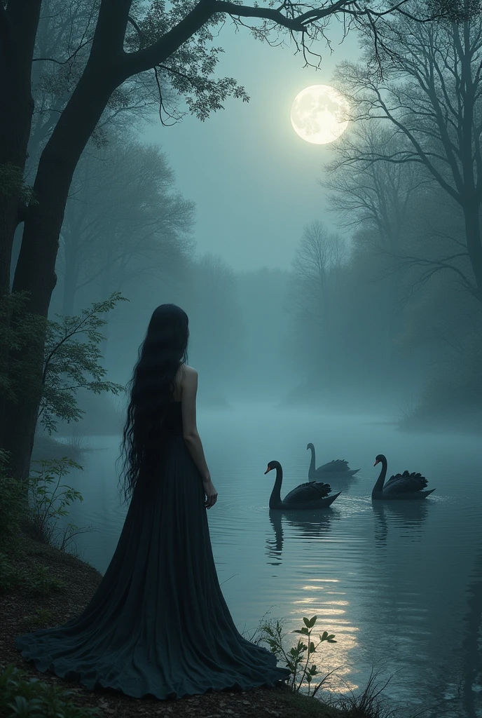 forst, cabain, lake, black swans, Trees, a woman with long black hair, moonlight and magic