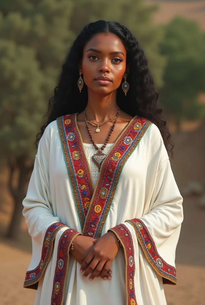 Create a photorealistic image of an Ethiopian woman wearing a traditional Habesha kemis. The dress should be ankle-length, made of white cotton fabric with intricate, colorful embroidery around the neck, wrists, and hem. Include a matching shawl draped over her shoulders. The setting should be natural with good lighting.