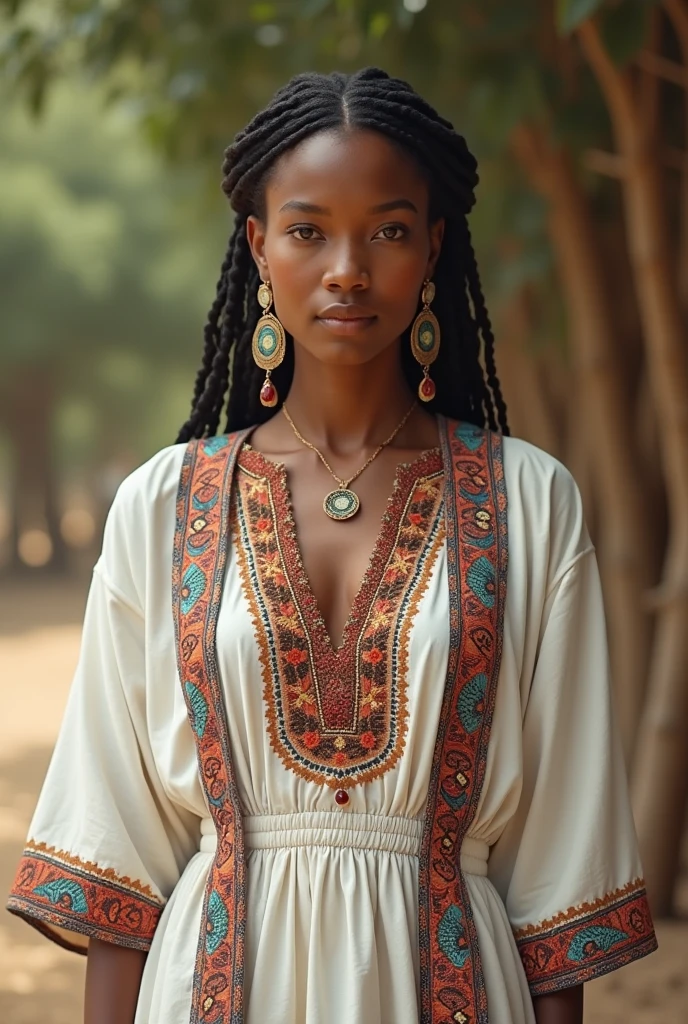 Create a photorealistic image of an Ethiopian woman wearing a traditional Habesha kemis. The dress should be ankle-length, made of white cotton fabric with intricate, colorful embroidery around the neck, wrists, and hem. Include a matching shawl draped over her shoulders. The setting should be natural with good lighting.