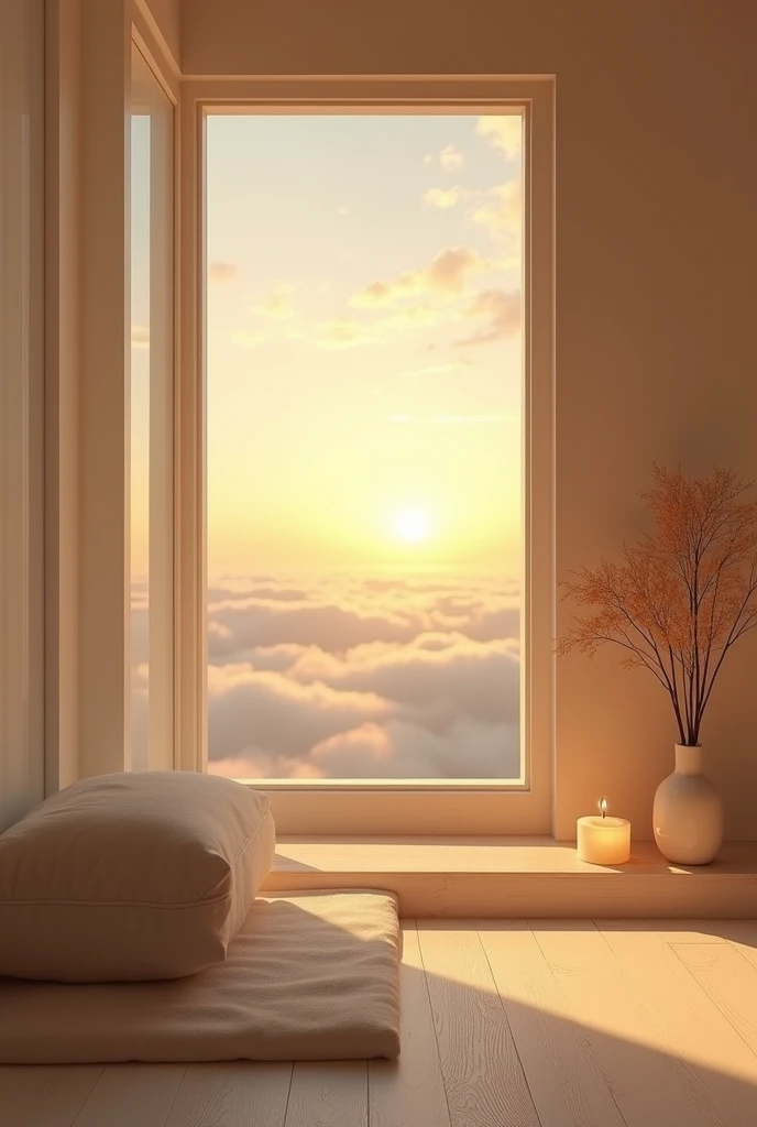 a tranquil minimalist room, soft lighting, flickering candle, outdoor sunrise scene, warm cozy atmosphere, natural lighting, calming serene environment, muted pastel colors, natural textures, delicate wispy clouds, golden sun rays, peaceful contemplative mood, elegant simplicity, refined aesthetic, high quality photo, cinematic composition, award winning art