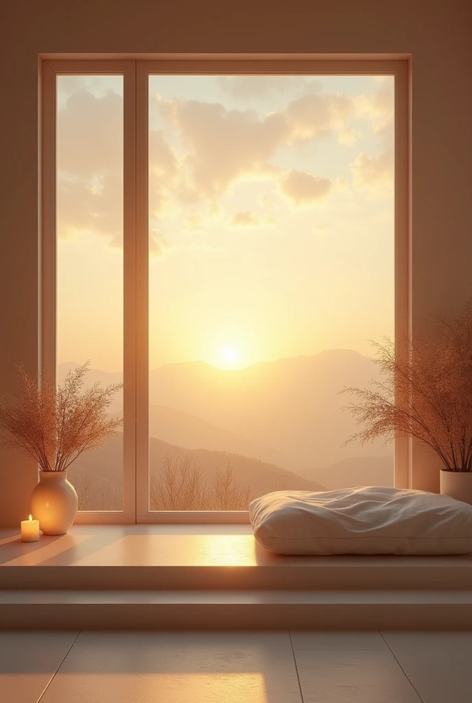 a tranquil minimalist room, soft lighting, flickering candle, outdoor sunrise scene, warm cozy atmosphere, natural lighting, calming serene environment, muted pastel colors, natural textures, delicate wispy clouds, golden sun rays, peaceful contemplative mood, elegant simplicity, refined aesthetic, high quality photo, cinematic composition, award winning art