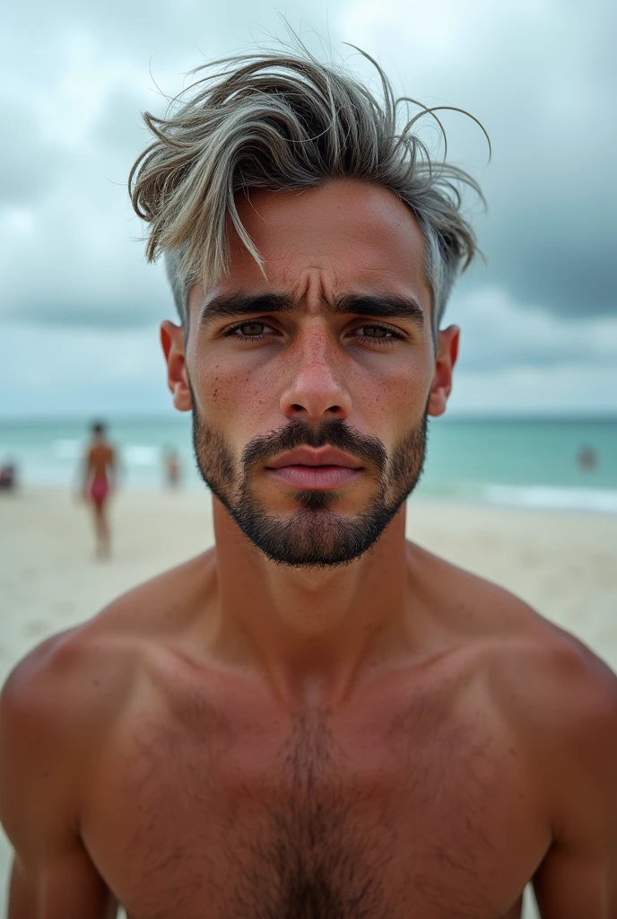 masterpiece, best quality, high resolution, closeup portrait, male focus, solo focus, A man, 4, grey hair, in speedo, grey silver hair, messy hairstyle, cute and seductive face, bare chest, body hair, facial hair, pale skin, sun freckles, roman nose, very skinny body, hairy legs, cute, dimples, beard, very hairy armpits, bold jawline , sweaty, in the background a beach on a cloudy day, view from below, amazing composition, front view, HDR, ultra quality, elegant, highly detailed