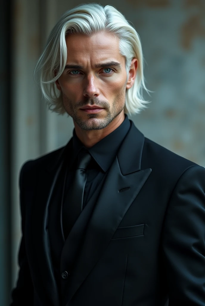 A beautiful man platinum hair medium length and ice blue eyes no beard white skin and black formal suit 
