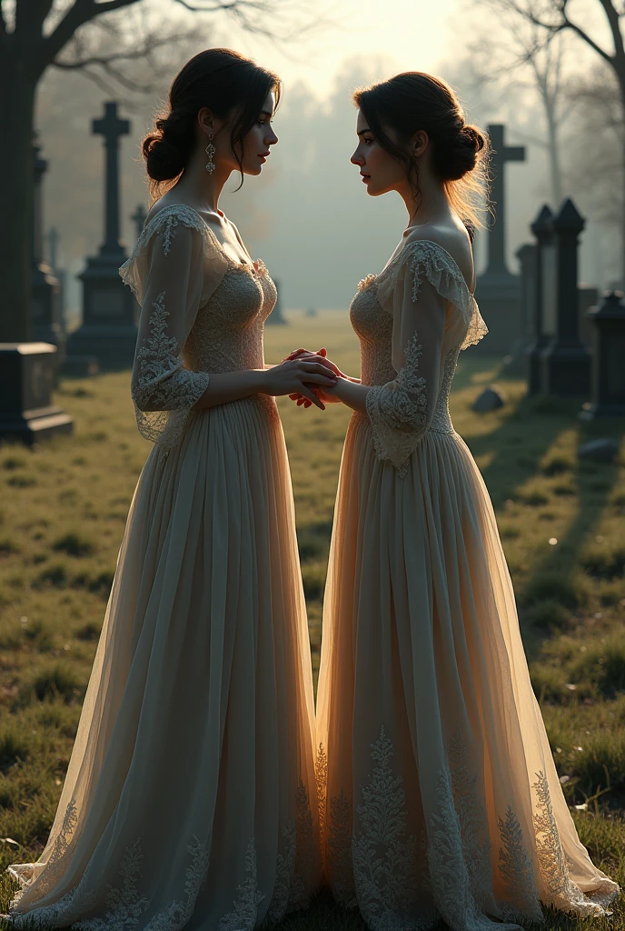 Two women wearing dresses, one looking at the other, in the background cemetery with tombstones. 