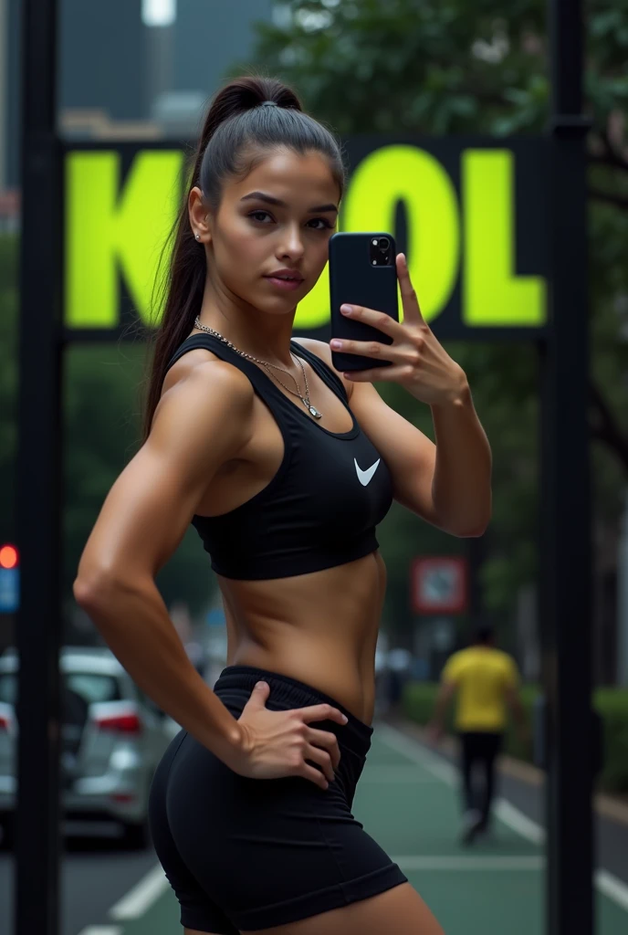 low quality, 1 2 muscular brown camel girl with a young face, taking a picture with a Nike t-shirt and shorts on the bike path that runs down the middle of Avenida Paulista in São Paulo, without bike