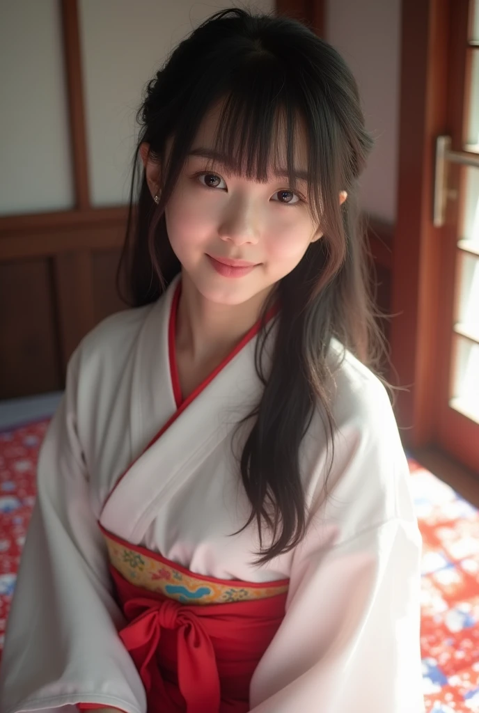 Realな写真、、Japanese high school girl、Japanese Idol、((((Highest quality、Tabletop、8k、Highest quality)、(Beautiful Japanese Perfect Shrine Maiden:1.1)、(The perfect and most natural white robe of a shrine maiden:1.3)、(The perfect and most natural shrine maiden's red hakama:1.3)、(Gracefully styled hair:1.1)、(Face close-up:1.1)、look at me、最高のsmile、The background is a magnificent and luxurious shrine.。、The majestic and luxurious exterior resembles a real shrine.、A gorgeous and authentic shrine using Niwa lacquerware))、Straight Hair、bangs、Detailed face and body、Sleep in bed、Natural lighting、High resolution、Photorealistic、(Highest quality、8k、High resolution、masterpiece:1.2)、Super detailed、(Real、Photorealistic、Photorealistic:1.37)、Realな肌の質感、Detailed eyes and lips、Beautifully detailed face、Long eyelashes、Smooth Skin、Slim figure、cute、smile、Young、、、