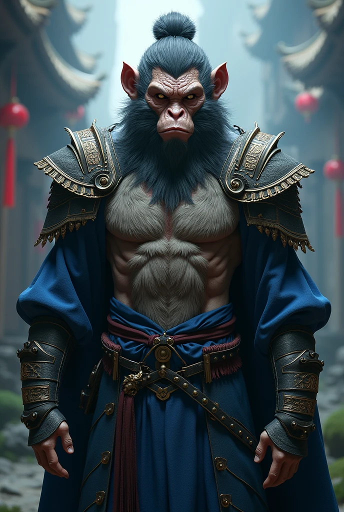 wukong \(black myth\),
1boy, solo, male focus, detailed eyes, shaded face,
fur chest, armor, blue clothes, pauldrons,
unreal engine, 8k, super detail,