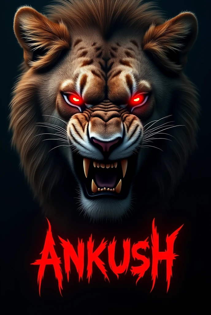 
Lion angry face with red eyes and add name Bold with red colour with devil font ANKUSH down to lion face  background colour is black 