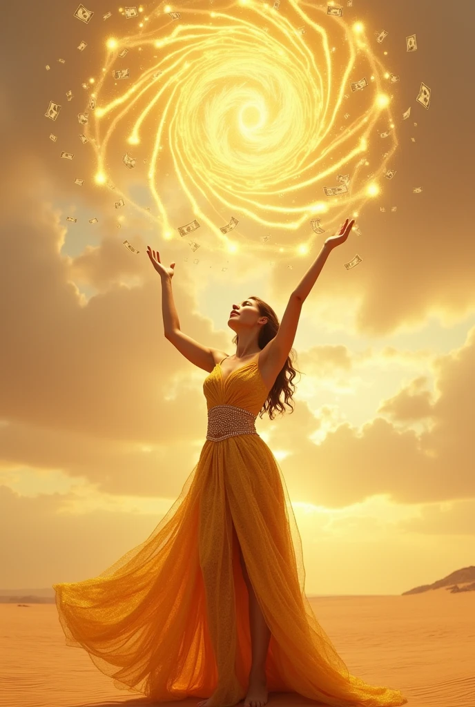 High resolution woman in gold dress with thick belt with her hands raised to the desert sky and a spiral of money bills descends on her