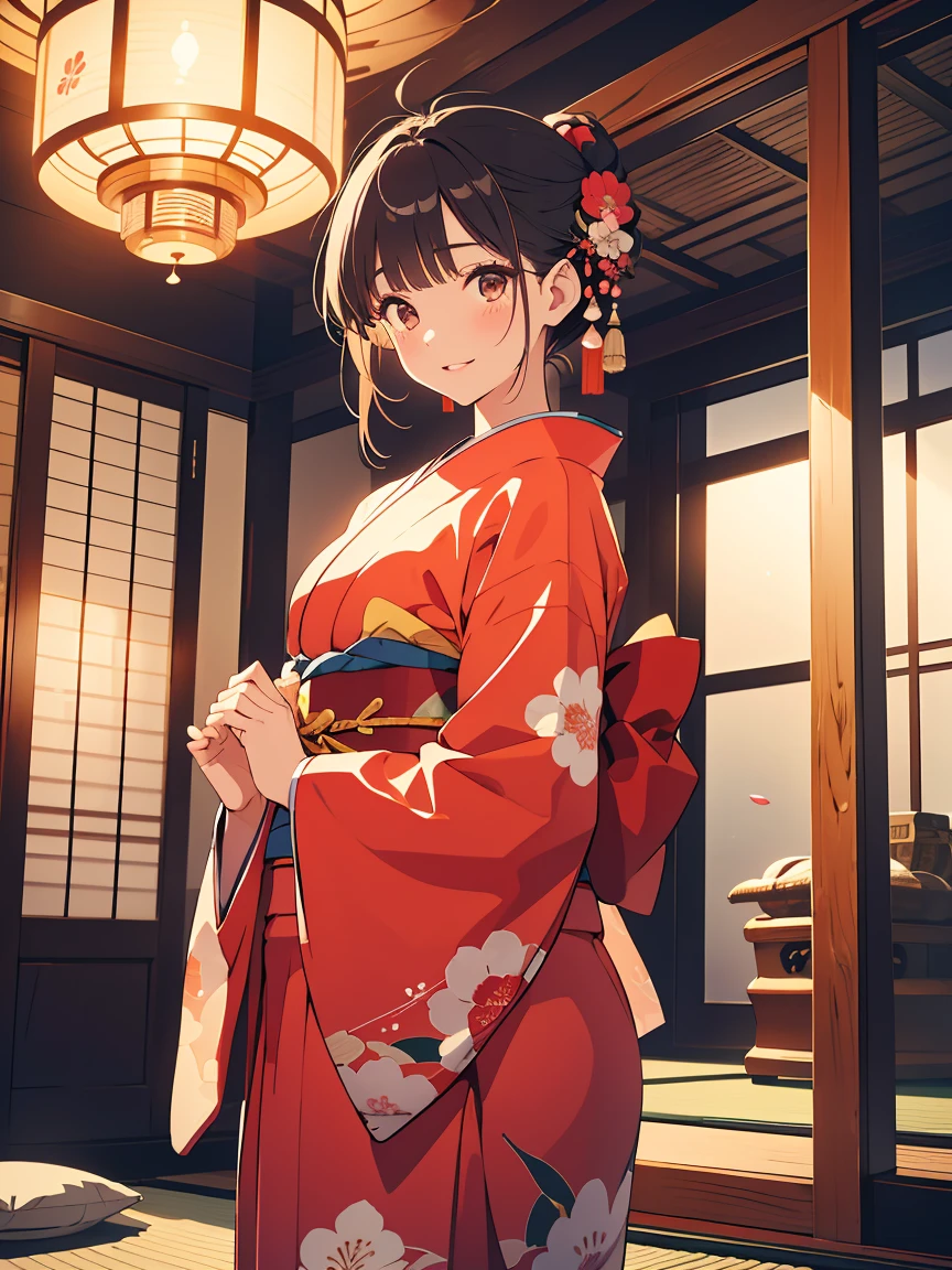 (best quality, 8k, highres, masterpiece:1.2), traditional Japanese setting, a girl wearing a beautiful kimono, elegant and vibrant colors, detailed floral patterns on the fabric, the girl standing in a spacious tatami room, sunlight streaming through the windows, casting soft shadows on the wooden floor, the girl's hair tied up in an elaborate style with decorative hairpins, delicate makeup highlighting her natural beauty, graceful posture with hands holding the edges of her kimono, eyes expressing serenity and tranquility, her lips gently curved into a serene smile, the hakama flowing gracefully around her, adding a sense of grace and elegance, the room decorated with traditional Japanese artwork and furnishings, paper lanterns softly illuminating the space, creating a warm and inviting atmosphere, cherry blossoms blooming outside the window, petals gently floating in the air with a touch of spring breeze, capturing a moment of timeless beauty and serenity.