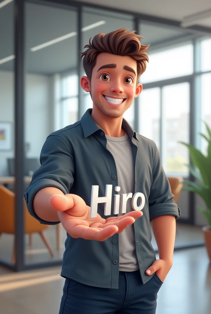 I want an image of a front-end engineer holding the name 'Hiro' in his hand and showing friendliness.