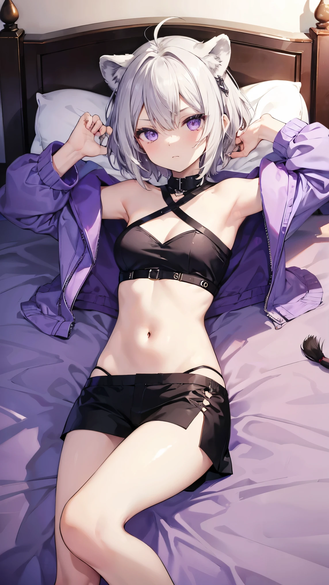 ,Highest quality,Silver Hair,Lion tail,Lion ears,Purple Eyes,Very short hair,Straight Hair,Flat breasts,Slanted Eyes,Tube top,Bedroom,On the bed,slender,